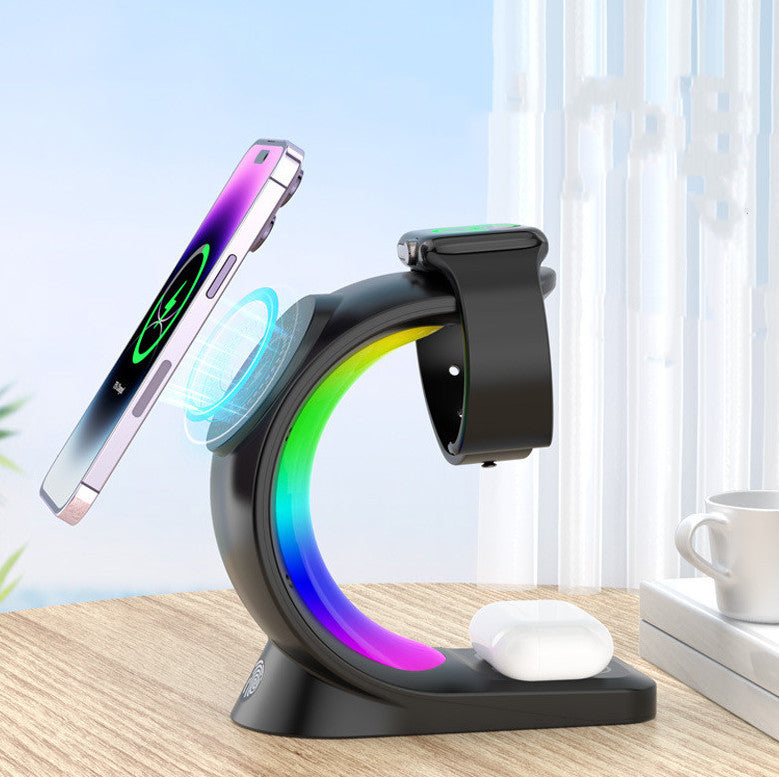Caricabatterie wireless magnetico 4 in 1 con ricarica rapida per smartphone Stazione di ricarica con luce d'atmosfera per Airpods Pro, iPhone e Apple Watch