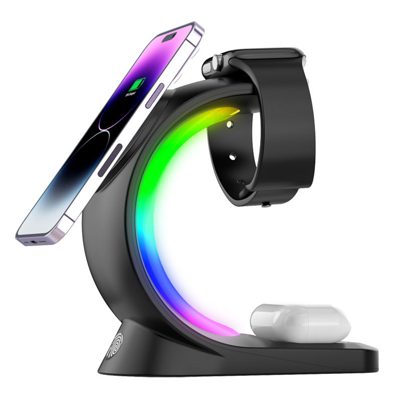 Caricabatterie wireless magnetico 4 in 1 con ricarica rapida per smartphone Stazione di ricarica con luce d'atmosfera per Airpods Pro, iPhone e Apple Watch