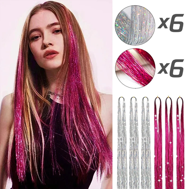 Extension per capelli Tinsel 12 pezzi Accessori per capelli glitterati scintillanti e luccicanti per donne e ragazze per Natale, Capodanno e Halloween