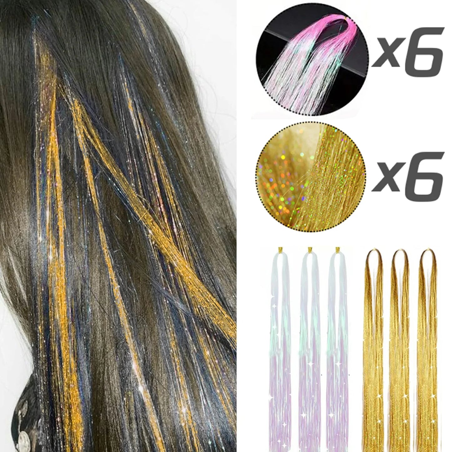 Extension per capelli Tinsel 12 pezzi Accessori per capelli glitterati scintillanti e luccicanti per donne e ragazze per Natale, Capodanno e Halloween