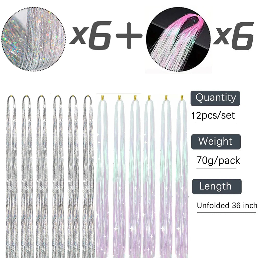 Extension per capelli Tinsel 12 pezzi Accessori per capelli glitterati scintillanti e luccicanti per donne e ragazze per Natale, Capodanno e Halloween