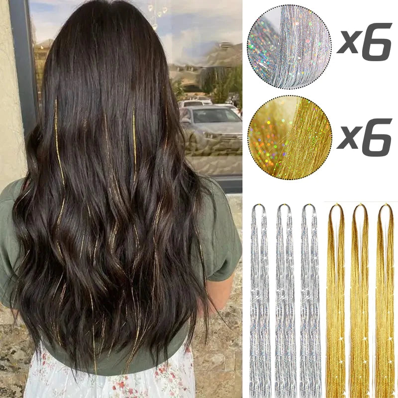 Extension per capelli Tinsel 12 pezzi Accessori per capelli glitterati scintillanti e luccicanti per donne e ragazze per Natale, Capodanno e Halloween