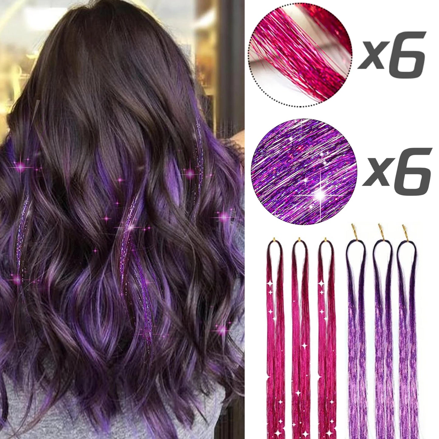 Extension per capelli Tinsel 12 pezzi Accessori per capelli glitterati scintillanti e luccicanti per donne e ragazze per Natale, Capodanno e Halloween