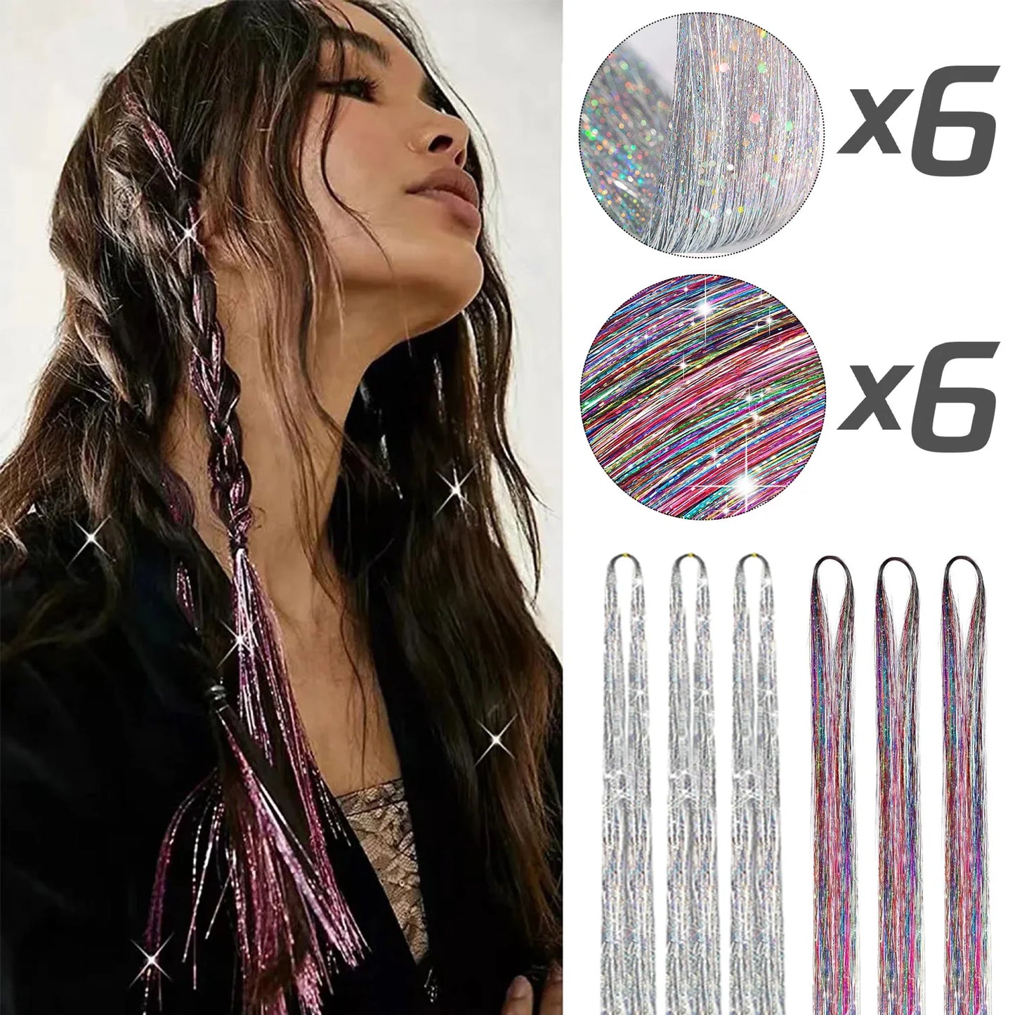 Extension per capelli Tinsel 12 pezzi Accessori per capelli glitterati scintillanti e luccicanti per donne e ragazze per Natale, Capodanno e Halloween