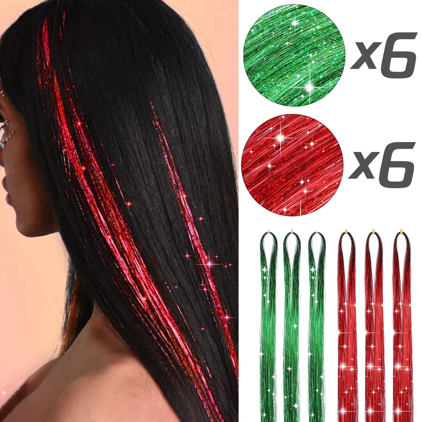 Extension per capelli Tinsel 12 pezzi Accessori per capelli glitterati scintillanti e luccicanti per donne e ragazze per Natale, Capodanno e Halloween