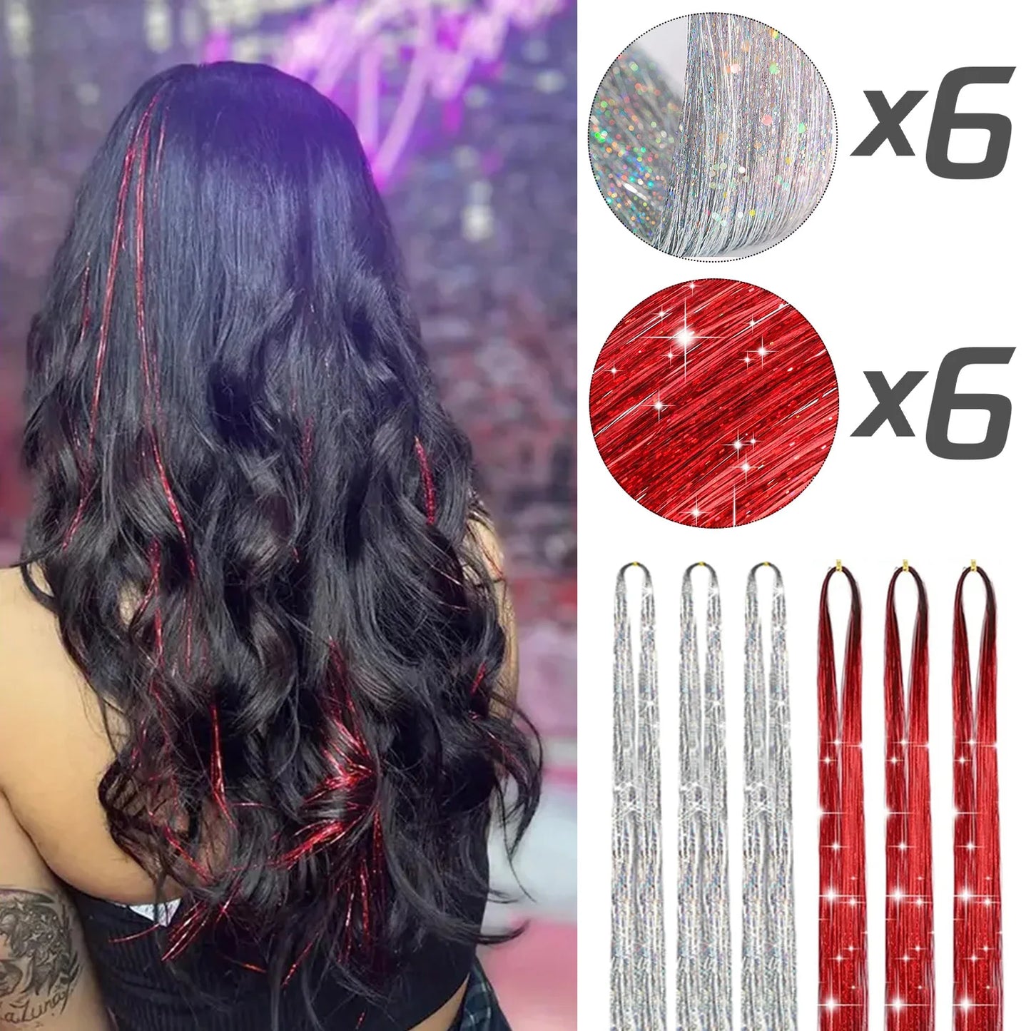 Extension per capelli Tinsel 12 pezzi Accessori per capelli glitterati scintillanti e luccicanti per donne e ragazze per Natale, Capodanno e Halloween