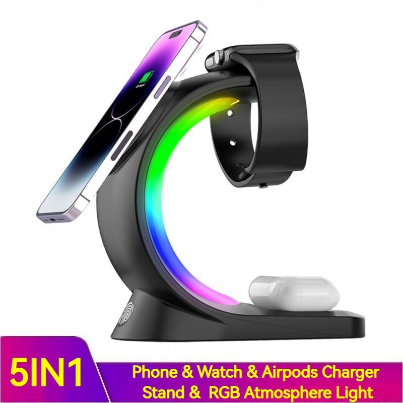 Caricabatterie wireless magnetico 4 in 1 con ricarica rapida per smartphone Stazione di ricarica con luce d'atmosfera per Airpods Pro, iPhone e Apple Watch
