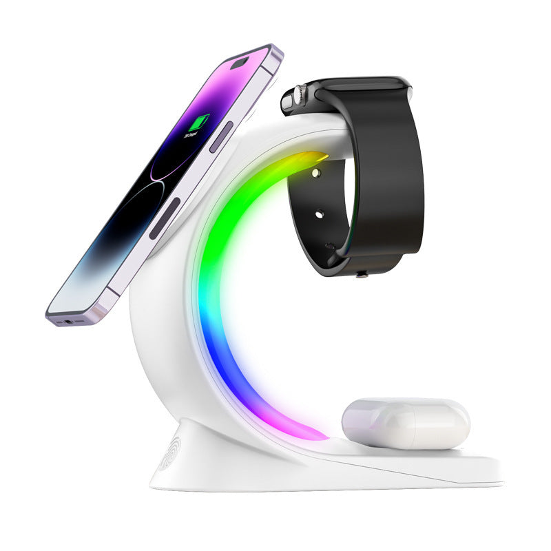 Caricabatterie wireless magnetico 4 in 1 con ricarica rapida per smartphone Stazione di ricarica con luce d'atmosfera per Airpods Pro, iPhone e Apple Watch