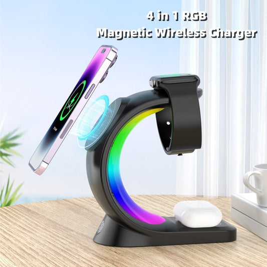 Caricabatterie wireless magnetico 4 in 1 con ricarica rapida per smartphone Stazione di ricarica con luce d'atmosfera per Airpods Pro, iPhone e Apple Watch