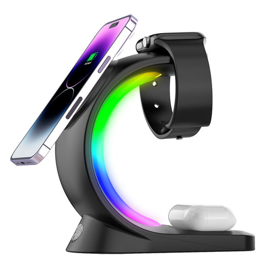 Caricabatterie wireless magnetico 4 in 1 con ricarica rapida per smartphone Stazione di ricarica con luce d'atmosfera per Airpods Pro, iPhone e Apple Watch