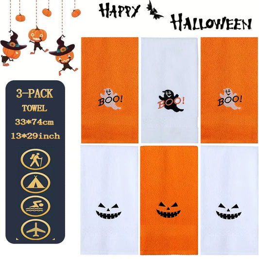 Set di 3 asciugamani in cotone ricamato per Halloween, delicati sulla pelle, morbidi, altamente assorbenti, per lavarsi il viso, per fare il bagno e per viaggiare.